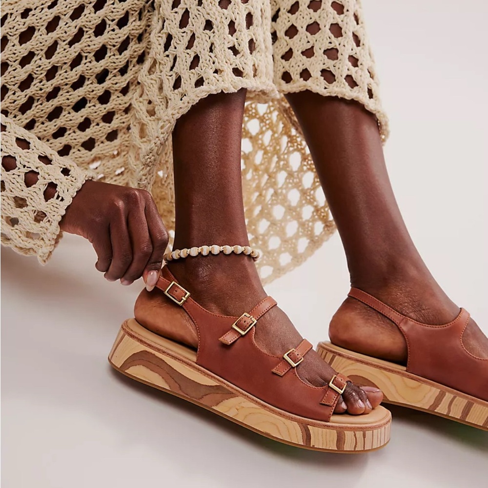 Free People Cognac Leather Platform Buckle Sandals